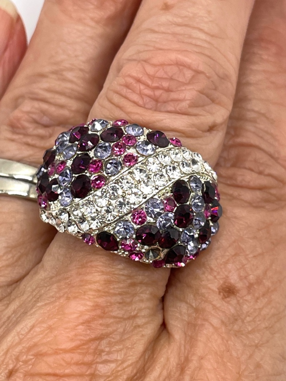 Vintage Silver Tone Domed Multi Color Crystal Cocktail Ring Size 8